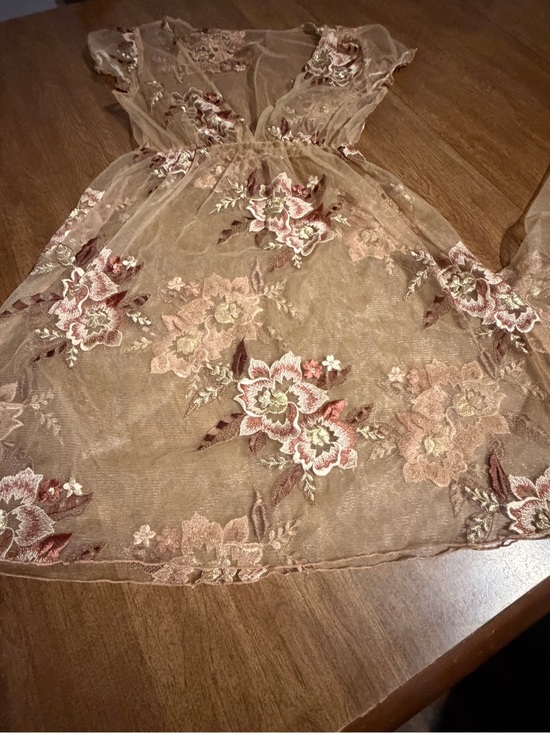 Wayf Dresses & Skirts - Boho Stretchy Sheer Floral Embroidered Mesh Tulle Mini Dress Overlay Brown Beige